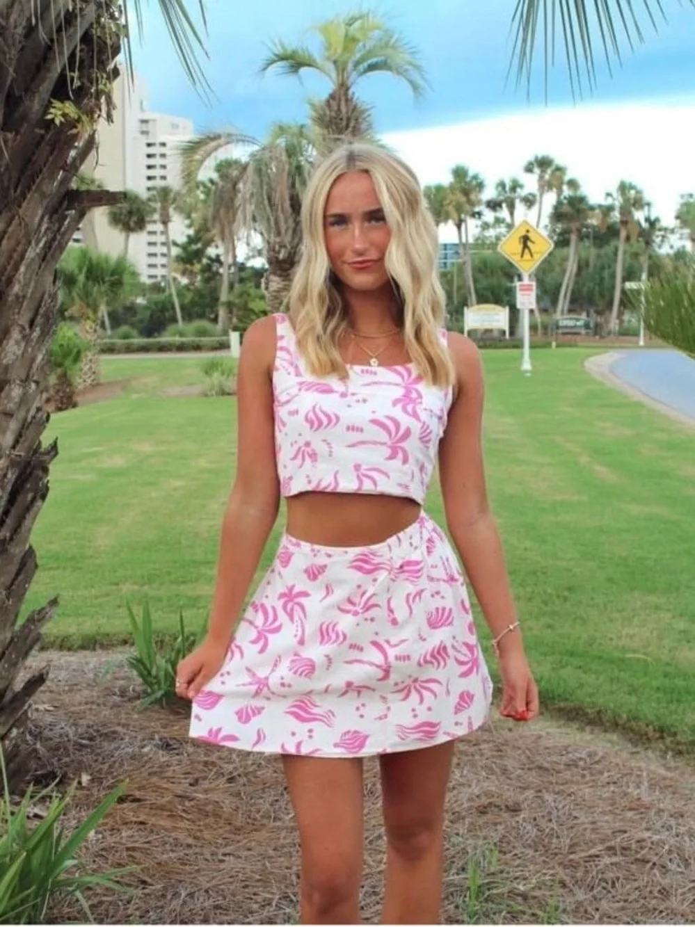 Two-Piece Pink & White Tropical Crop Top & Skirt Matching Set